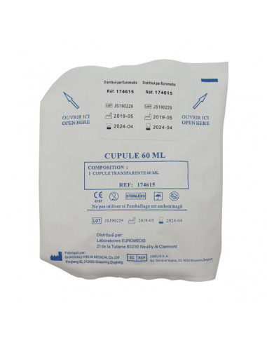 Transparent graduated cup 60ml simple sterile packaging with 2 traceability labels Transparent graduated cup 60ml simple sterile packaging with 2 traceability labels